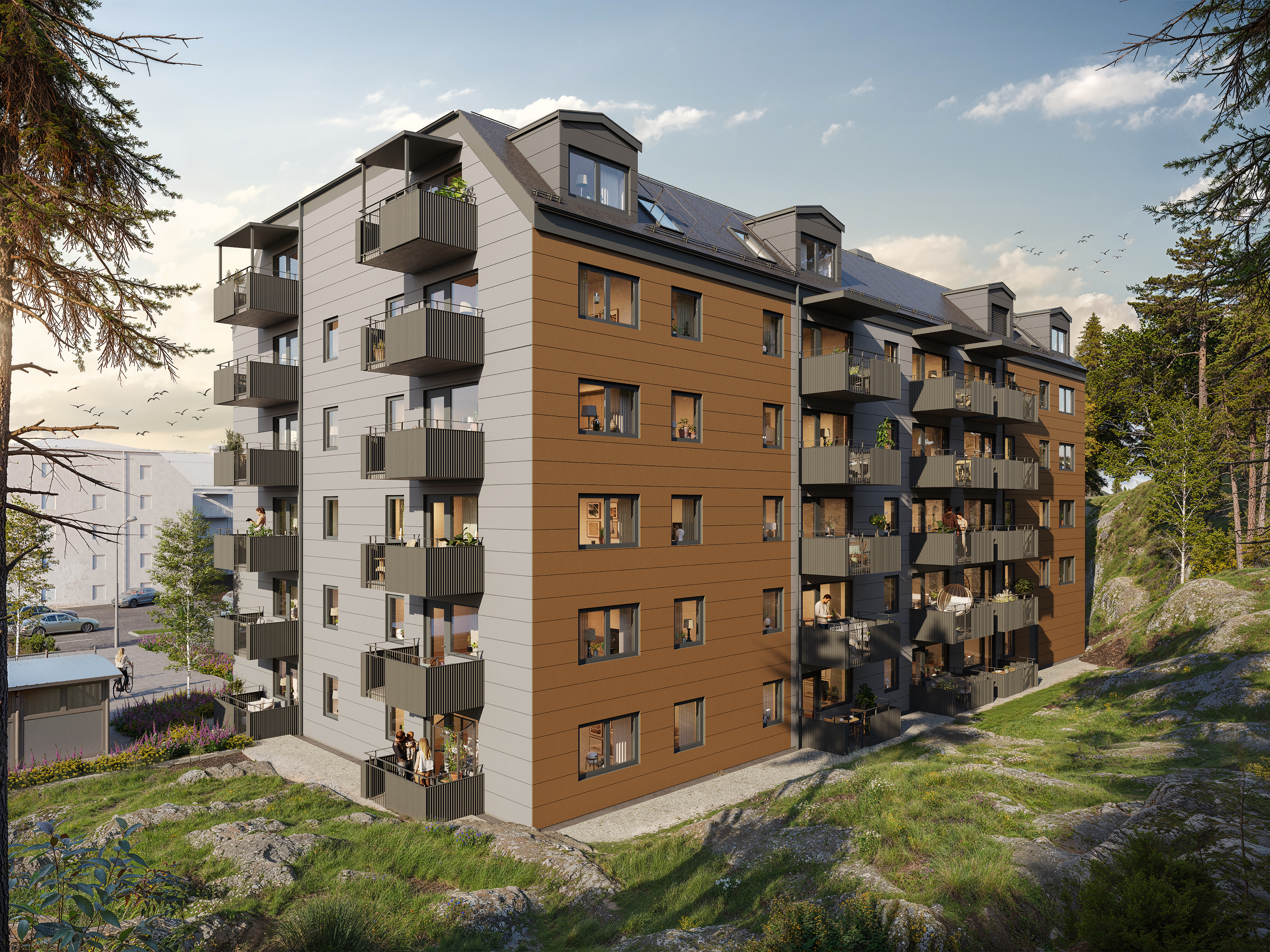 Visuslisering av flerbostadshus med bruna fasadskivor och balkonger