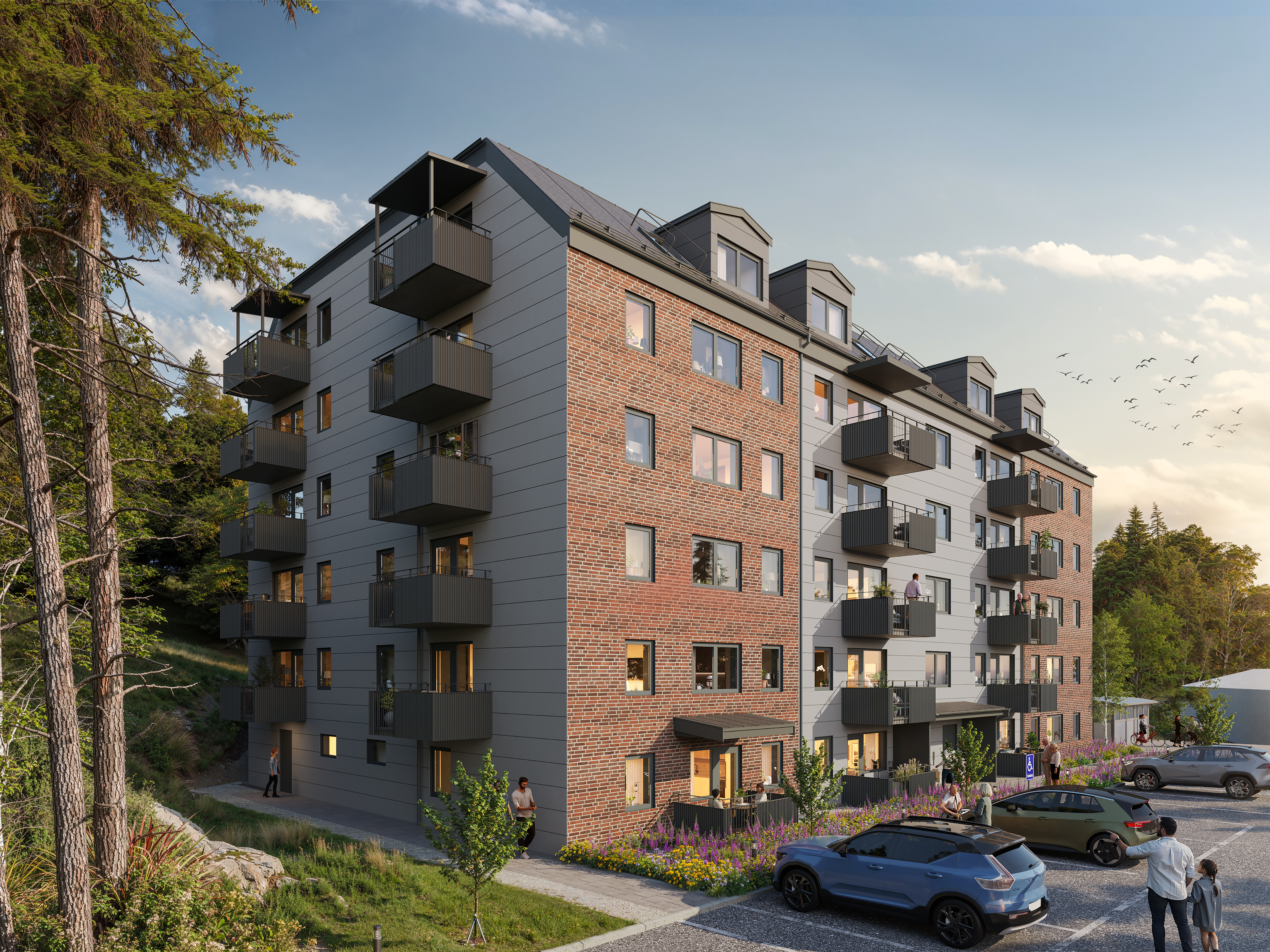 Visualisering av ett flerbostadshus med fasad av ljusa skivor och inslag av tegel